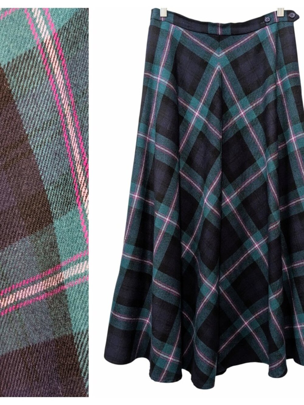 Vintage Deans Of Scotland Sz 12 Green Black Pink Plaid 100% Wool Academia Skirt - Picture 1 of 11
